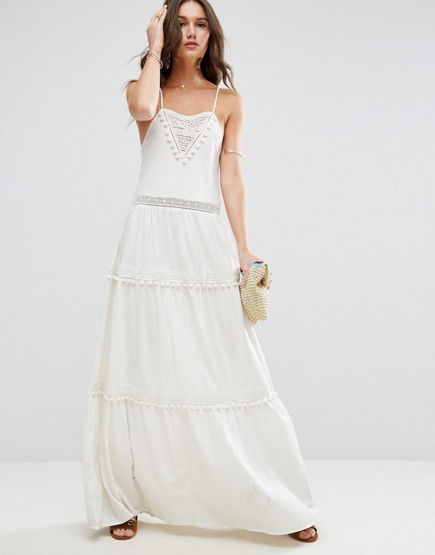 ASOS Maxi Dress with Lace Inserts & Pom Poms - White | ASOS US