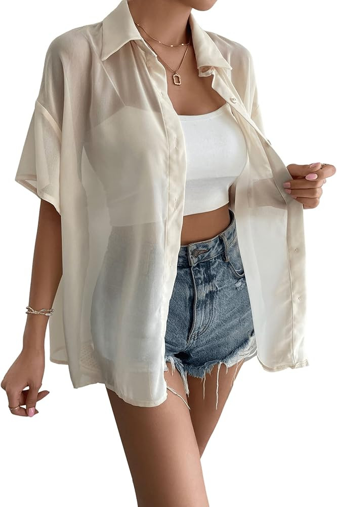 SweatyRocks Women's Collared Half Sleeve Button Down Shirt Casual Sheer Blouse Top | Amazon (US)