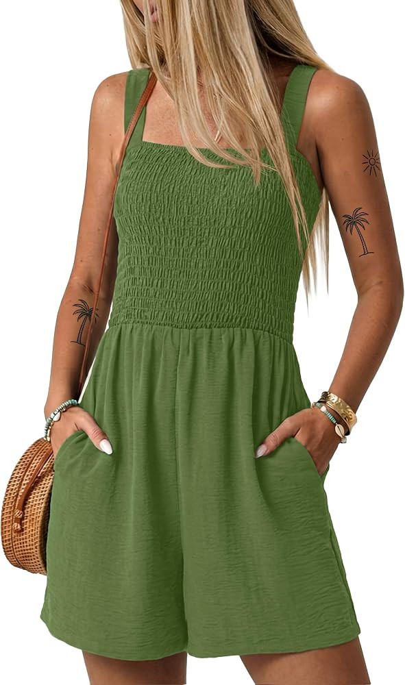 Womens Rompers for Summer Casual Smocked Jumpers Overalls Square Neck Jumpsuits with Pockets Beac... | Amazon (US)