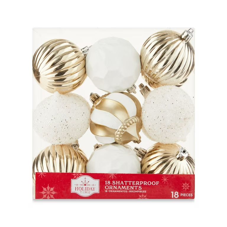 18-Count 70mm Shatterproof Christmas Ornaments, Champagne & White, Holiday Time - Walmart.com | Walmart (US)