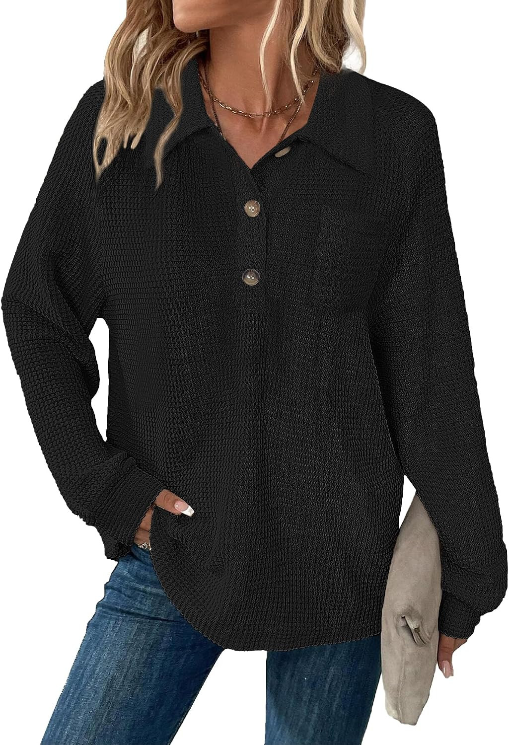 Womens Tops Waffle Knit V-Neck Long Sleeve T-shirts Button Down with Pockets Tunic Fashion Clothing | Amazon (US)
