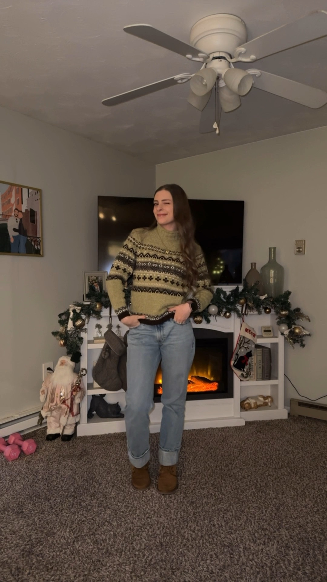 1/5/26 ootd!

Sweater: dressbarn (thrifted)
Jeans: Abercrombie 
Boots: Uggs
Accessories: Amazon


Vintage thrifted winter sweater Nordic fair isle fairisle mock neck turtleneck pullover knit sweater top, baggy low rise light wash cuff ankle full length jeans womens denim, brown Ugg neumel boots Uggs low rise lace up cozy fur boots pull on