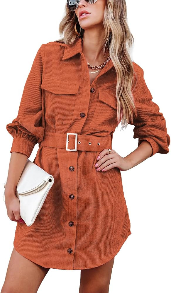 RAISECOM Womens Corduroy Dress Shacket Jacket Shirts Lapel Long Sleeve Belted Casual Spring Fall ... | Amazon (US)