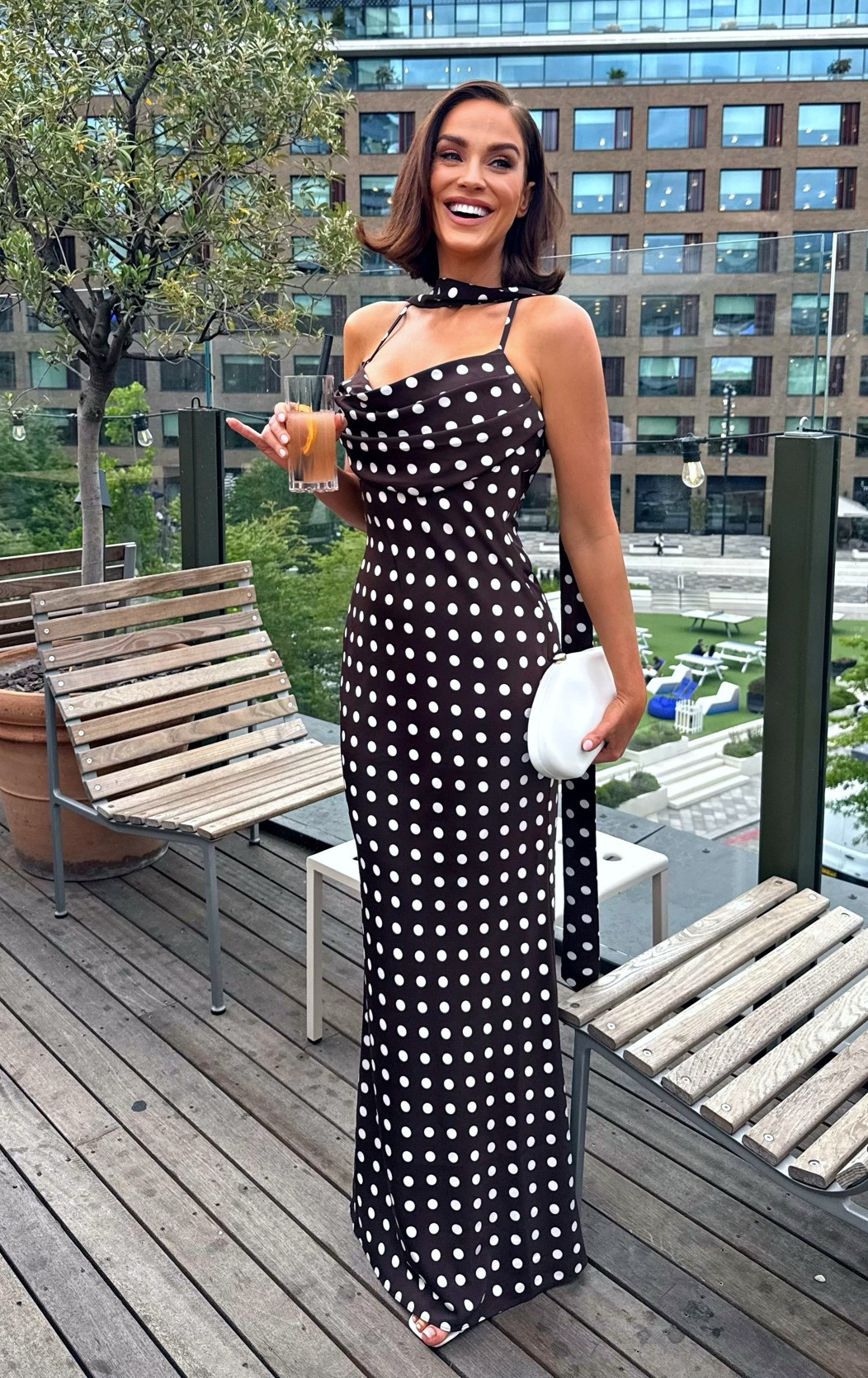 Brown polka dot maxi dress with matching scarf.

#LTKsummer #LTKuk #LTKdresses