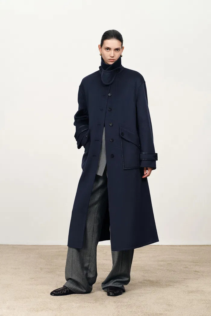 Theo Midnight Blu Trim Coat in Double Face Merino Cashmere | Fabrique