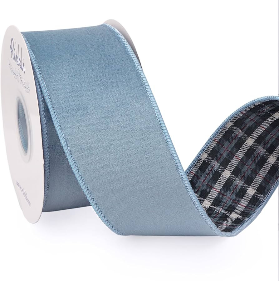 Ribbli Dusty Blue Velvet Wired Ribbon with Plaid Reversible 2.5 Inch Christmas Ribbon for Gift Wr... | Amazon (US)