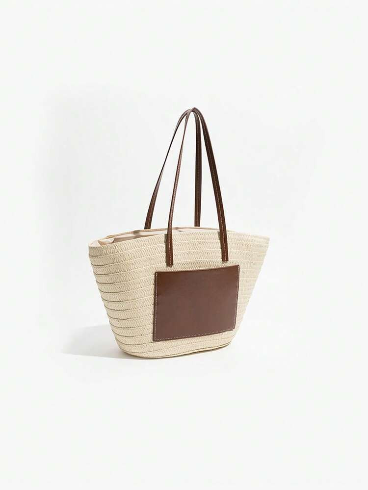 Colorblock Straw Bag Large Capacity Double Handle For Vacation | SHEIN