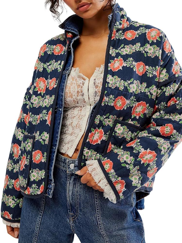 Women's Cropped Puffer Jacket Lightweight Floral Print Long Sleeve Padded Quilted Puffy Cardigan ... | Amazon (US)