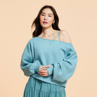 Blogilates Women's Dance Studio Off the Shoulder Sweatshirt - Teal Blue L | Target