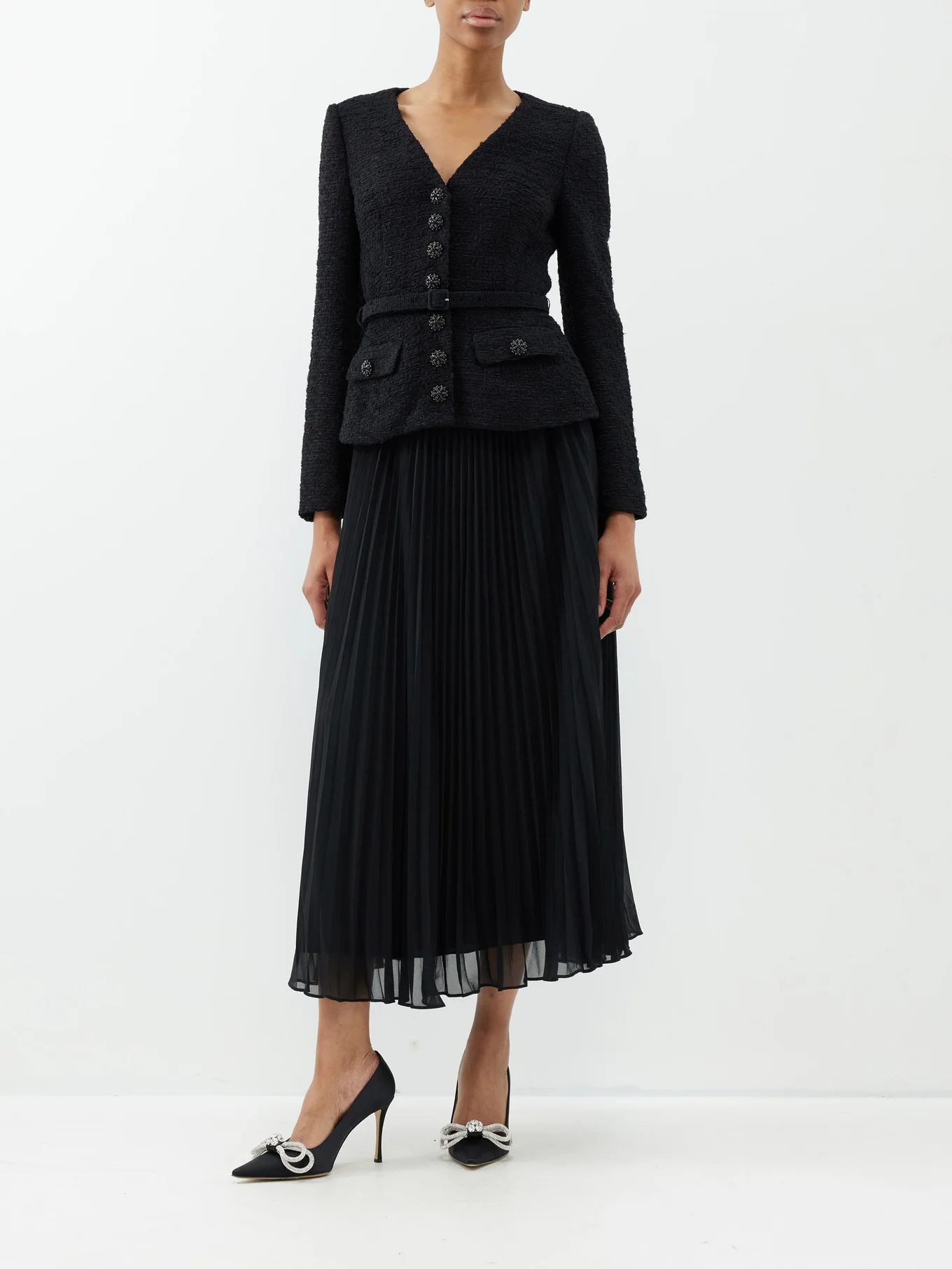 Pleated-skirt bouclé and chiffon midi dress | Self-Portrait | Matches (US)