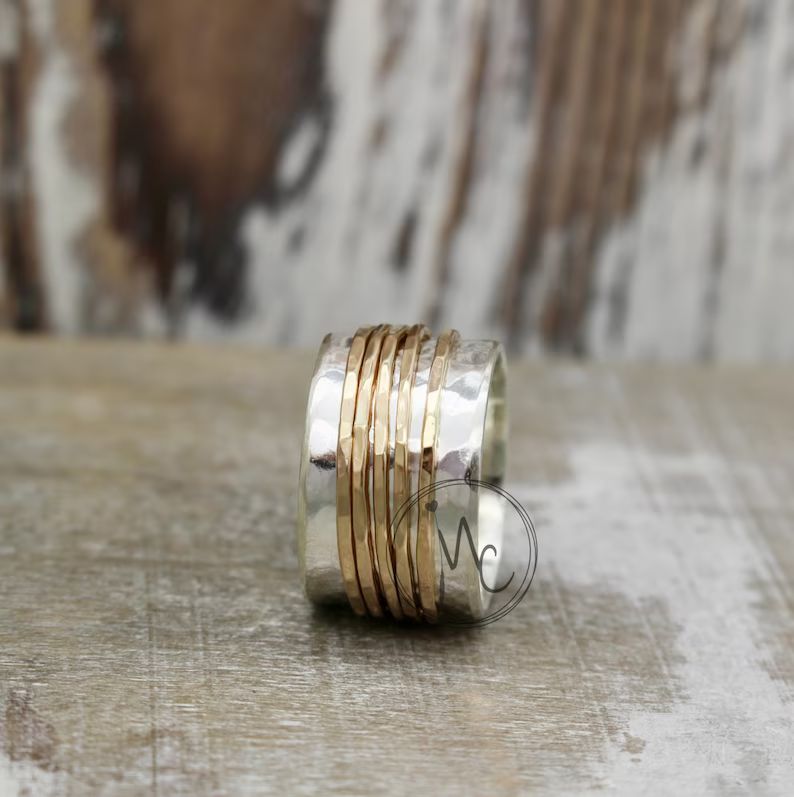 Gold Sterling Silver Wide Band Spinner ring - Worry Ring - gift for her - spinner ring - jewelry ... | Etsy (US)