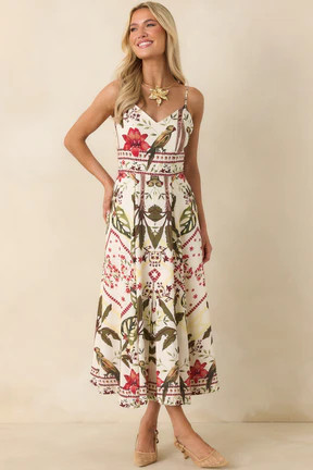 Aylaya Luna Deep Red & Moss Green Multi Tropical Print Maxi Dress | Red Dress