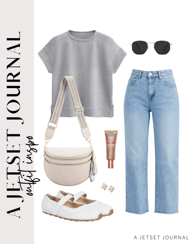 Combine this gray short-sleeve top with GRAPENT Straight Leg Jeans for your next outfit. This look works well for errand day. Tigeridea Mary Jane sneakers go well with this fit. A bum bag and a pair of stud earrings will finish this look. 

 