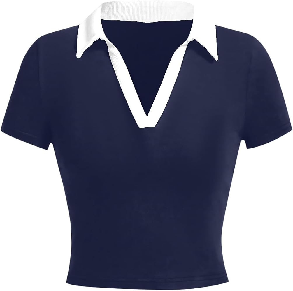 Avanova Women Polo Collared V Neck Tee Shirts Ringer Short Sleeve Crop Tops | Amazon (US)