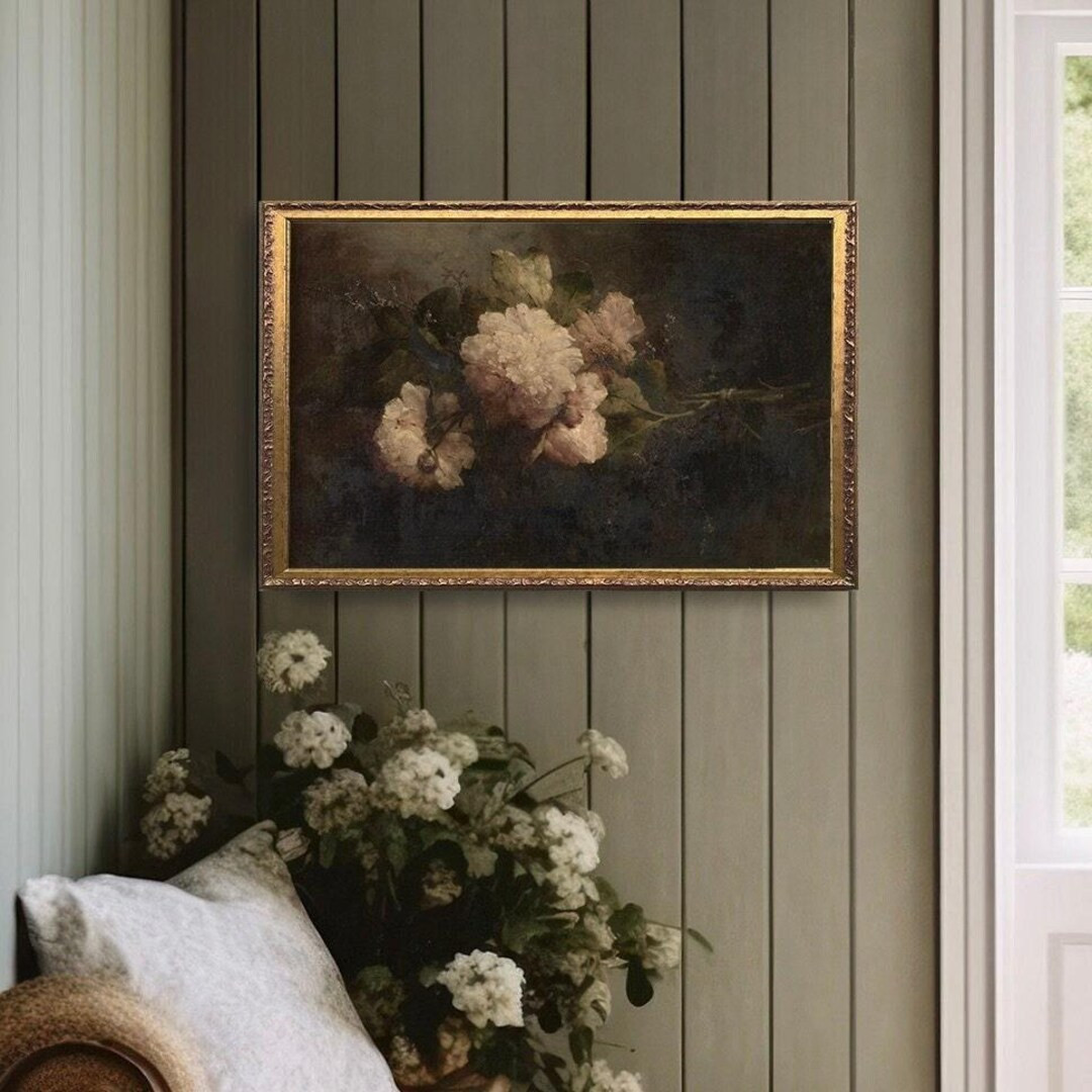 Moody Floral Peony Vintage Art, Vintage Painting Gold Framed, Antique Art, Floral Art, Farmhouse ... | Etsy (US)
