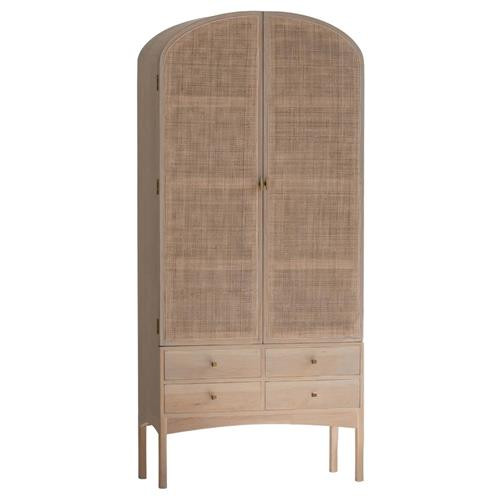 Selma Coastal Beach Light Oak Wood Natural Rattan 2 Door 4 Drawer Curved Armoire | Kathy Kuo Home