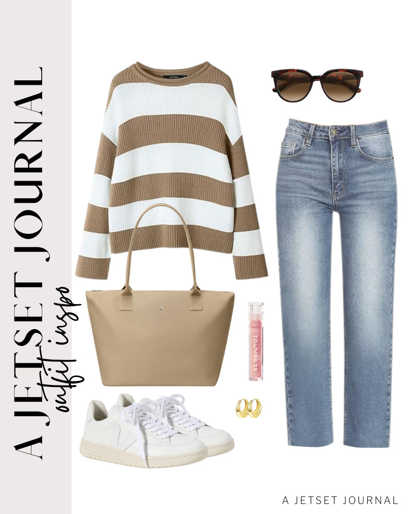 For our first outfit, wear a khaki-striped knitted sweater and cropped straight-leg jeans. The look will not be complete without a nylon tote bag and sneakers. Lovely fit! 

 #LTKSeasonal #LTKSaleAlert #LTKTravel