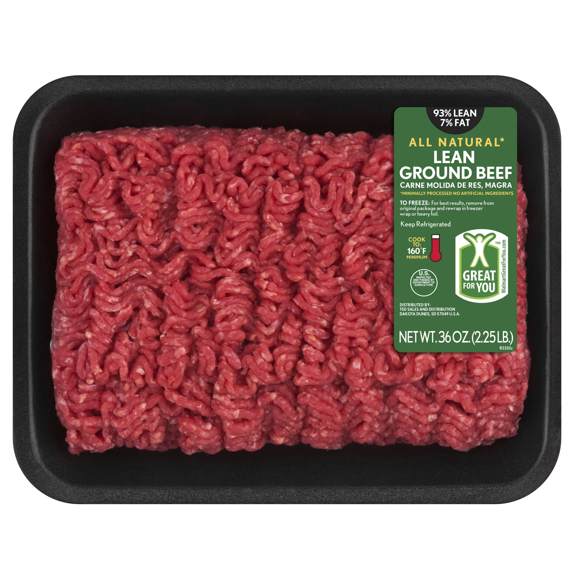 93% Lean / 7% Fat Lean Ground Beef, 2.25 lb Tray, Fresh, All Natural* | Walmart (US)