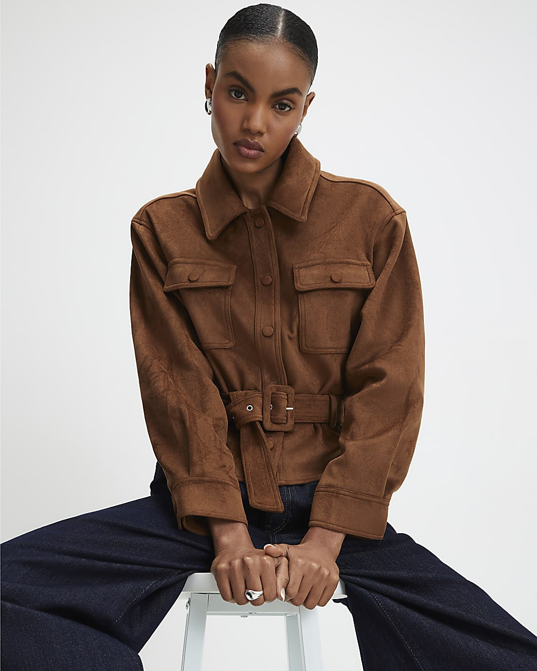 Brown Belted Faux Suede Jacket | River Island UK & IE