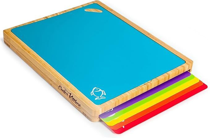 Easy-to-Clean Bamboo Wood Cutting Board Set with 6 Color-Coded Flexible Cutting Mats with Food Ic... | Amazon (US)