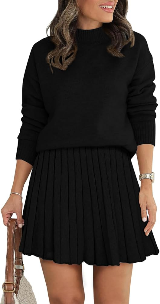 Women's Two Piece Outfits Turtleneck Long Sleeve Ribbed Knit Tops Pleated Mini Skirt 2025 Casual ... | Amazon (US)