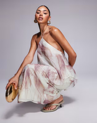 ASOS DESIGN double layer halter bias maxi dress in abstract print | ASOS | ASOS (Global)