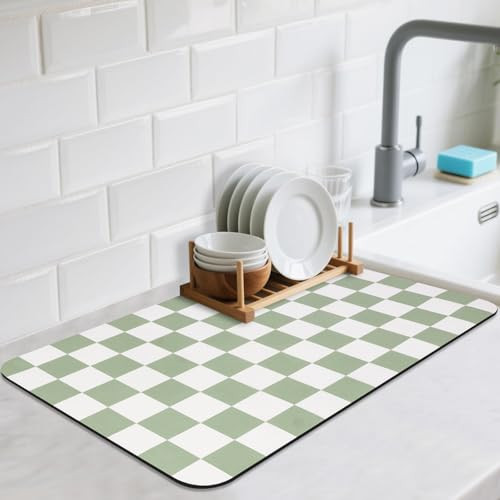 CooRug Checkered Dish Drying Mat for Kitchen Counter, Absorbent Non-Slip Coffee Mat, Heat Resistant Mat for Countertops Coffee Bar Decor 12" x 20" Green | Amazon (US)