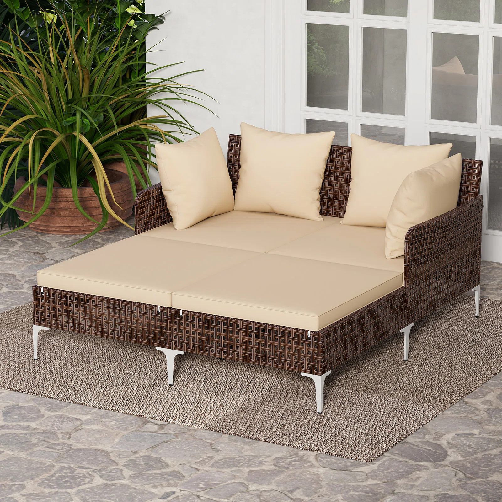 Outdoor Patio Daybed PE Rattan Sunbed with Sponged-Filled Pillows and Cushions | Wayfair North America
