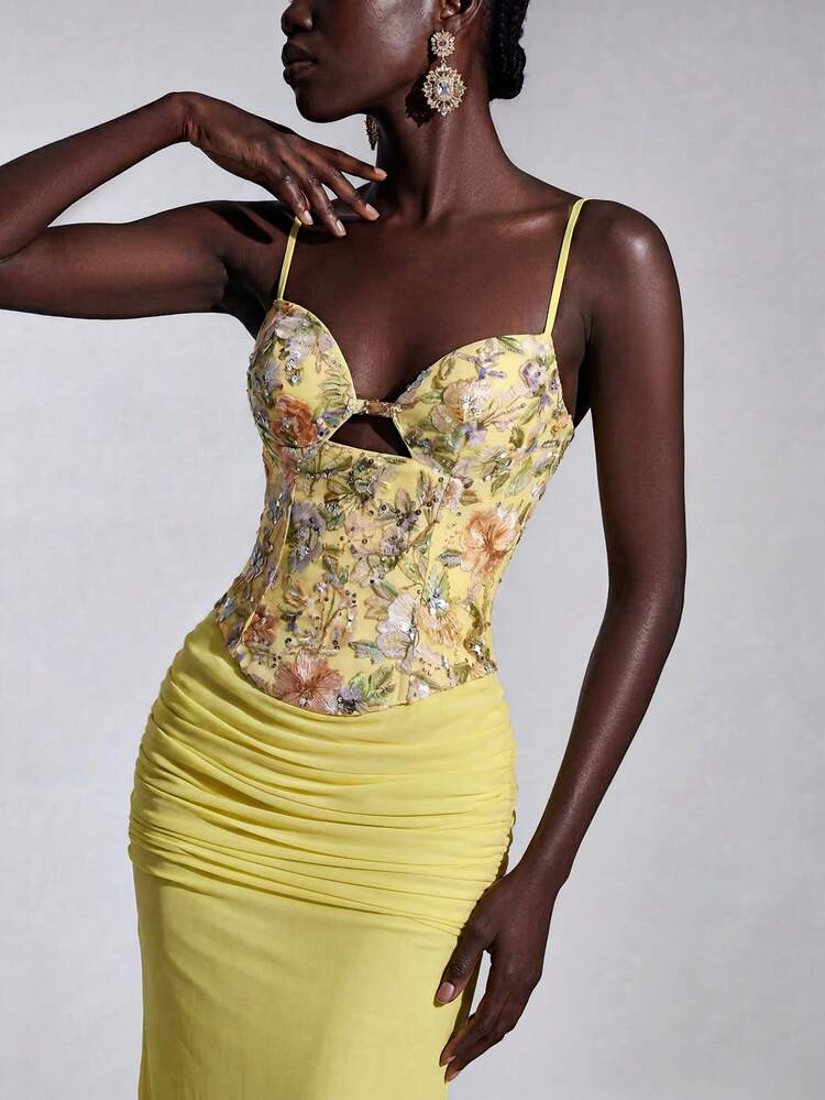 Elitara Women's Glamorous Pale Yellow Gown,Sequined Embroidery Stretch Mesh Halter Neck,Cutout Dr... | SHEIN