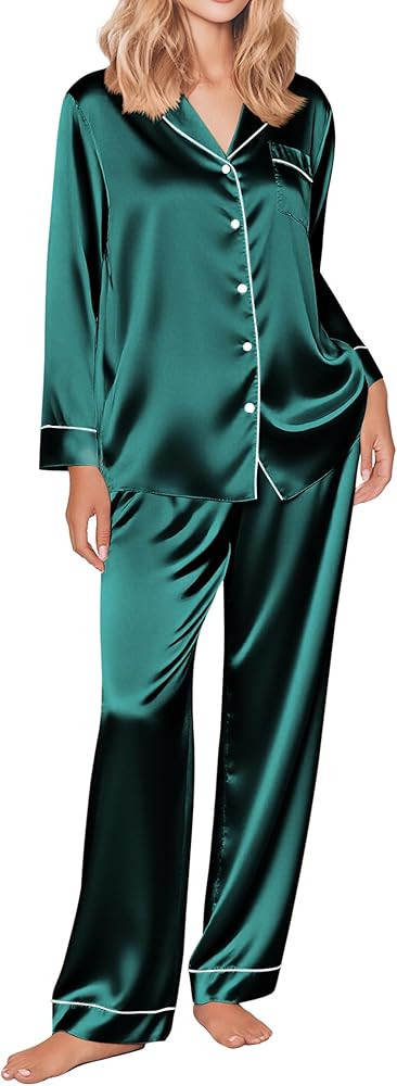 Ekouaer Silk Satin Pajama Set for Womens Button Up Long Sleeve Pjs Sleepwear Soft 2 Piece Loungew... | Amazon (US)