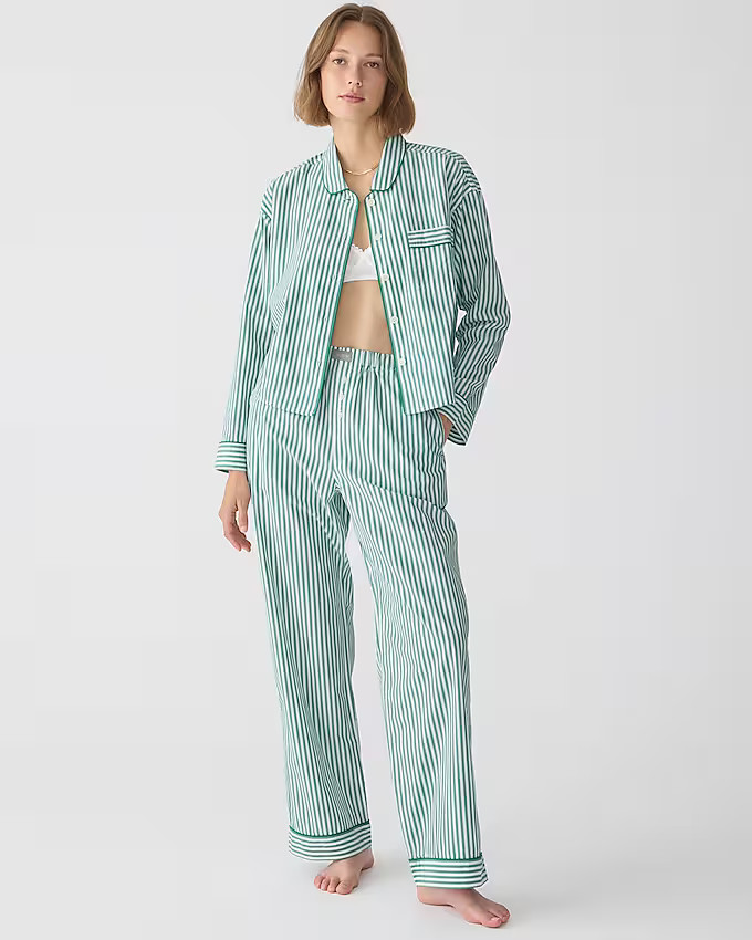 Long-sleeve cropped pajama pant set in striped cotton poplin | J. Crew US