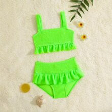 Baby Girl Summer Beach Ruffle Hem Textured Neon Bikini Swimsuit Bathing Suit | SHEIN