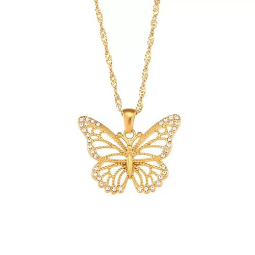 Unegeca 14K Gold Plated Dainty Pendant Necklace for Women, Gold Butterfly Necklace, Rhinestone Butterfly Pendant, Sparkly Women's Neck Jewelry | Amazon (US)