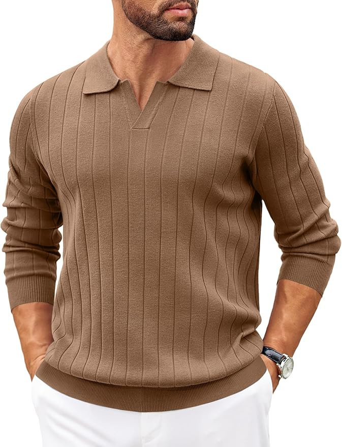 COOFANDY Mens Polo Sweaters Long Sleeve V Neck Knit Polos Lightweight Casual Pullover Sweater | Amazon (US)