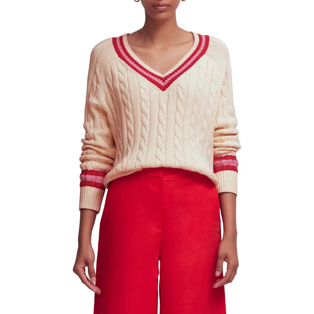 Boden Maeve Cable Stitch Cotton V-Neck Sweater in Ivory Cable Red at Nordstrom, Size Large | Nordstrom