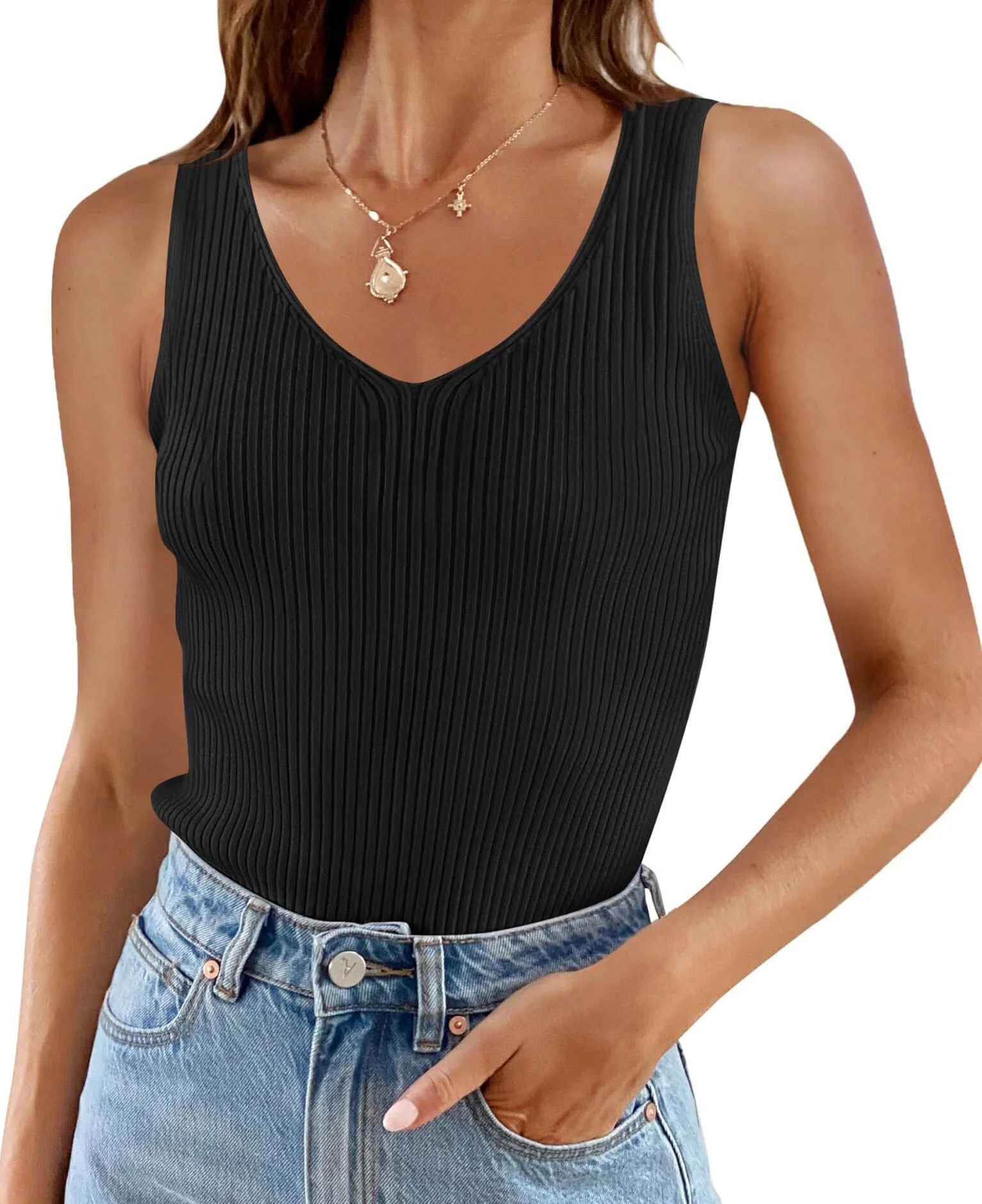 Fantaslook V Neck Tank Tops for Women Sleeveless Summer Tops Ribbed Casual Slim Shirts Basic Knit... | Walmart (US)