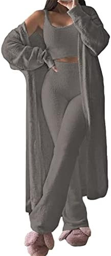 Fixmatti Women's Fuzzy 3 Piece Sweatsuit Open Front Cardigan Crop Tank Tops Wide Legs Pants Loung... | Amazon (US)
