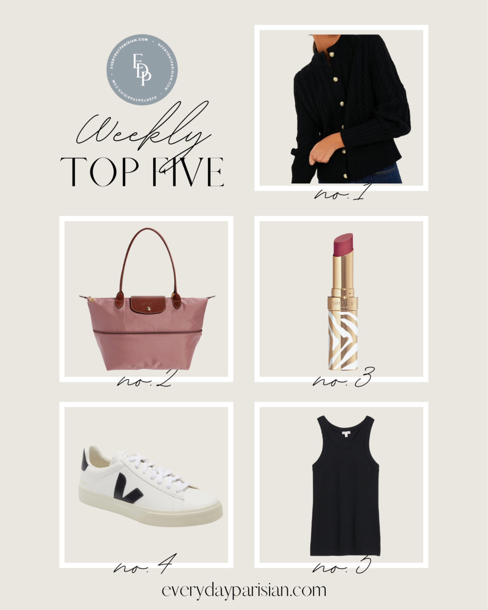 This week’s links I love. My favorite lipstick sheer rosewood from Sisley, the tank from Alex mill I love the cut, my Vejas sneakers are back in stock at Nordstrom and the pilage long champ bags 

#LTKShoeCrush #LTKxNSale