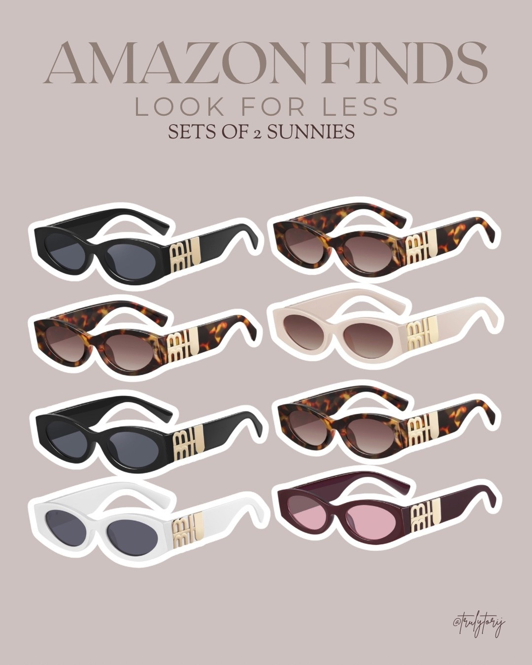 Amazon look for less sunnies 😎🕶️✨ Say SUNNIES to shop!

Designer vibes without the designer price tag 👀 These Amazon sunglasses are TOO good! From classic black to tortoise, white & statement frames… there’s a pair for every outfit. 🤩

#AmazonFinds #AmazonFashionFinds #LookForLess #AffordableStyle #AmazonStyle #TrendySunglasses #FashionFinds