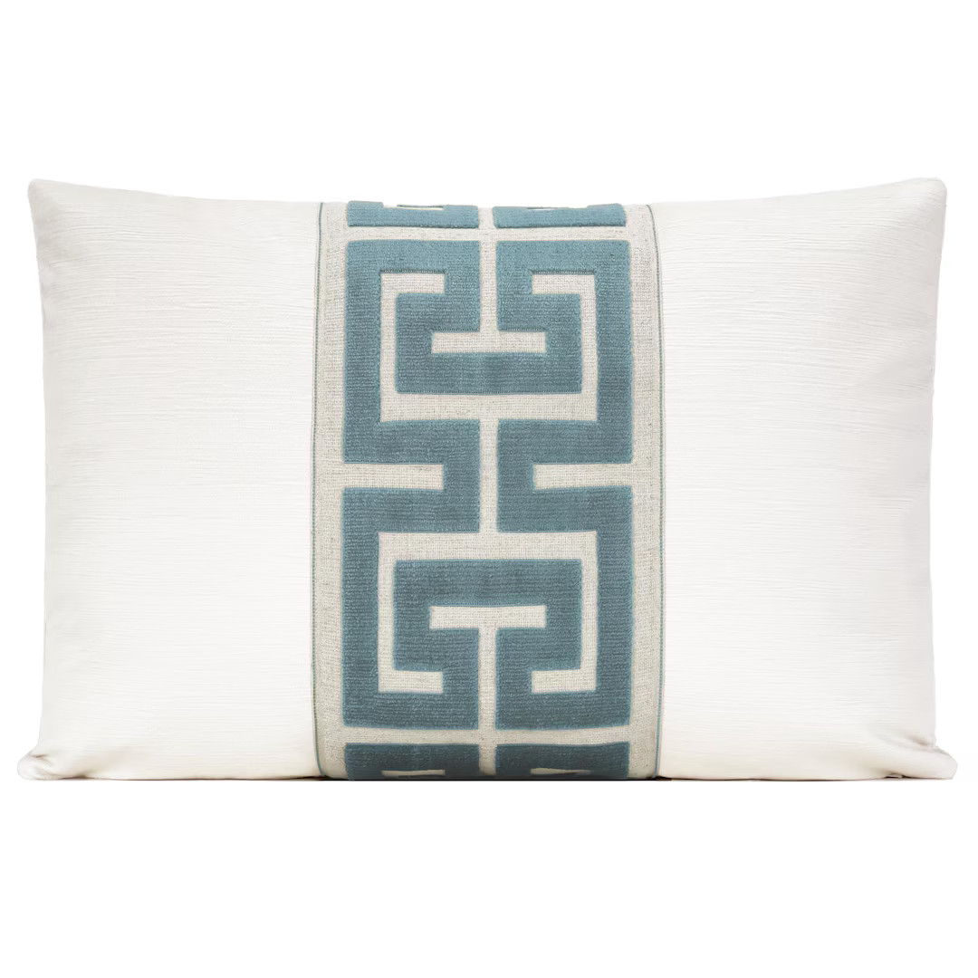 Alabaster Velvet Pillow Cover With Aqua Greek Key Trim 18x18, 20x20, 22x22, 24x24, Lumbar Pillow ... | Etsy (US)