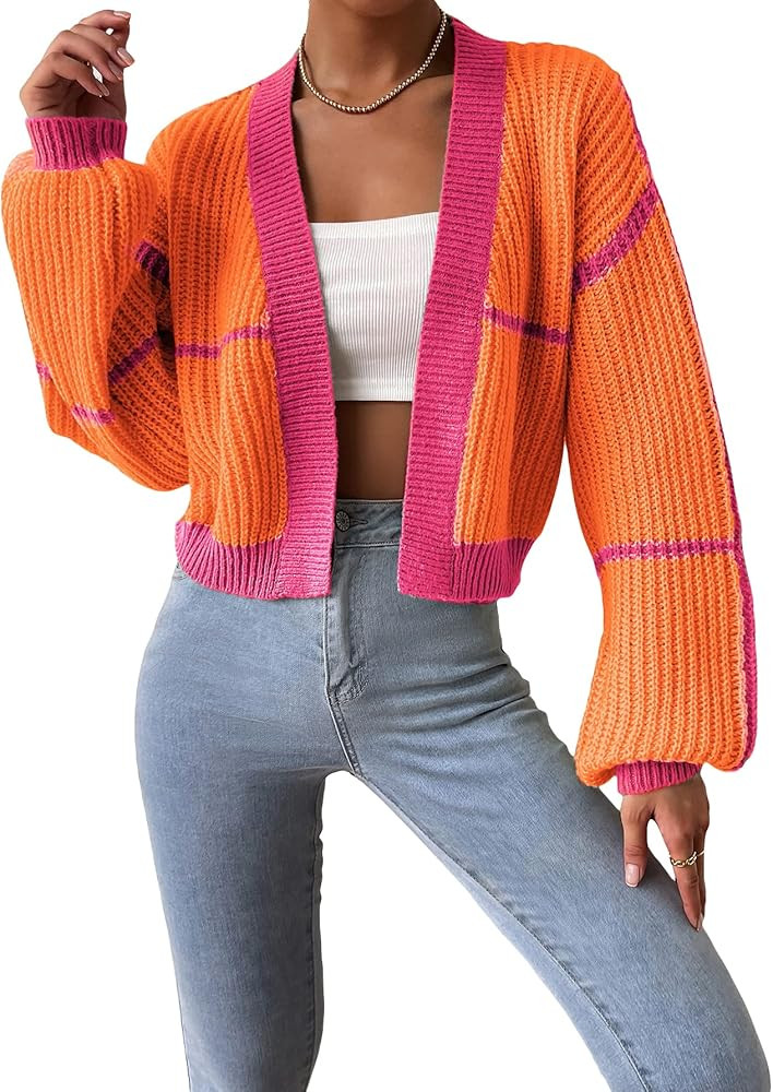 MakeMeChic Women's Contrast Trim Lantern Sleeve Open Front Cropped Cardigan Sweater | Amazon (US)