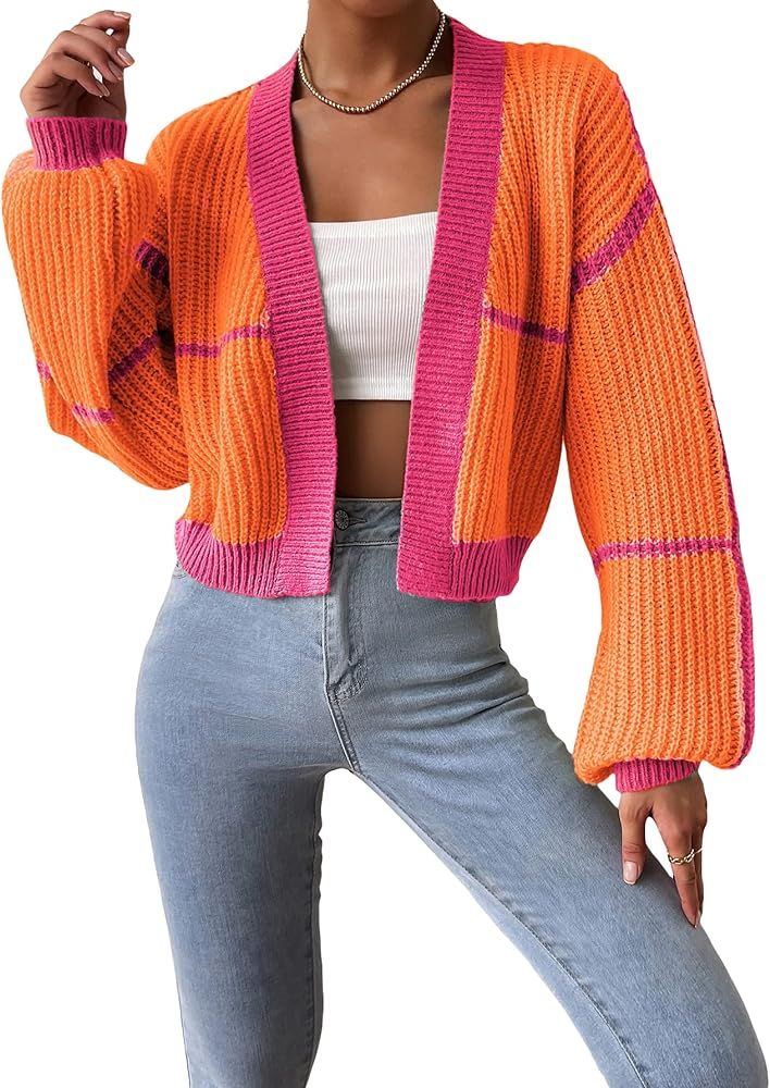 MakeMeChic Women's Contrast Trim Lantern Sleeve Open Front Cropped Cardigan Sweater | Amazon (US)