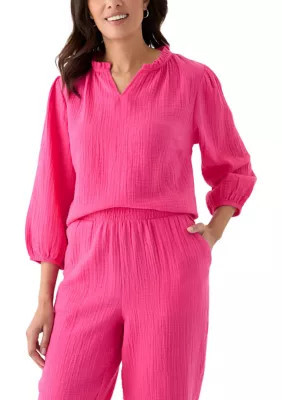 Kim Rogers Women's Gauze Ruffle Top, Pink, Small | Belk