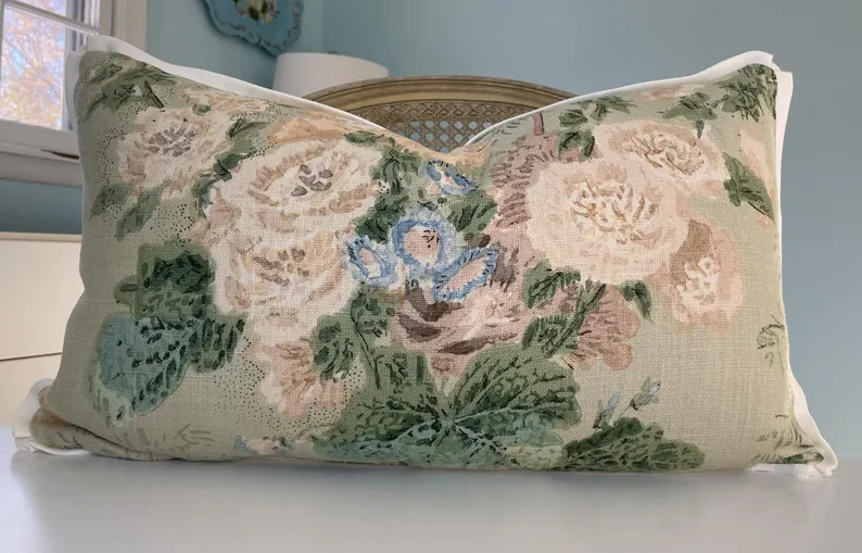Lee Jofa Hollyhock in celadon one sided lumbar pillow. | Etsy (Global)