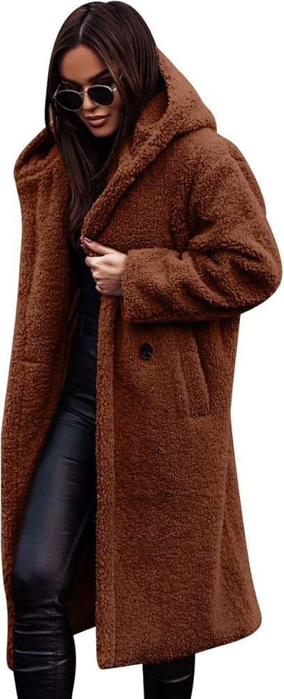 ODIZLI Women's Winter Coats Fuzzy Fleece Long Hooded Jackets Button Down Faux Fur Warm Outwear Wi... | Amazon (US)