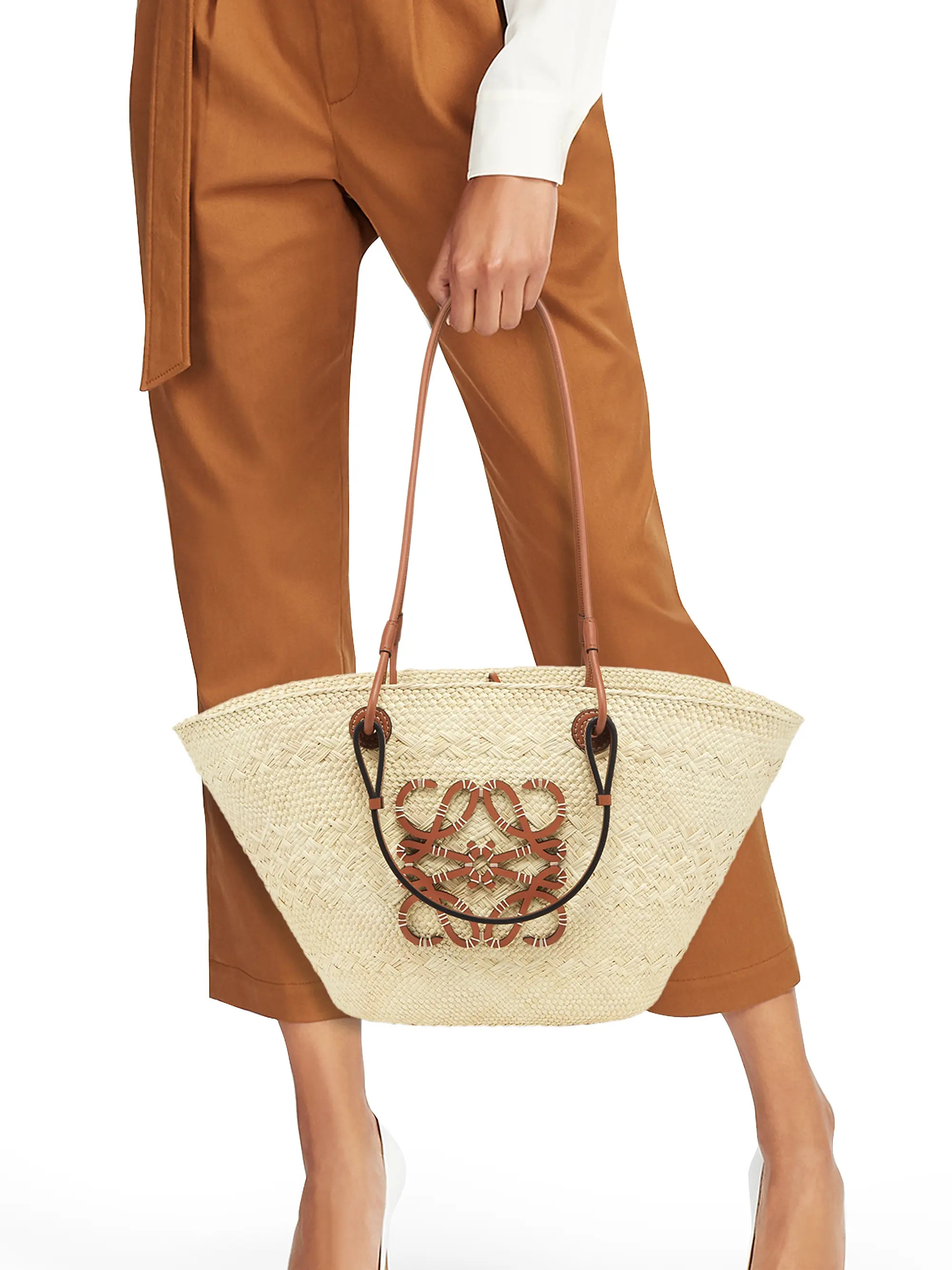 Paula's Ibiza Anagram Leather-Trimmed Iraca Basket Bag | Saks Fifth Avenue
