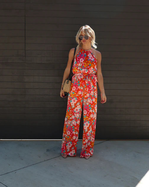 Kyoto Spring Floral Satin Halter Wide Leg Jumpsuit | VICI