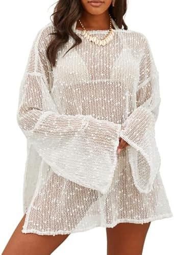 Lilosy Sexy Crochet Sheer Kaftan Caftan Beach Dress Bathing Suit Swim Coverup One Piece | Amazon (US)