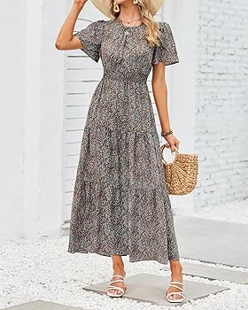 Amazon.com: PRETTYGARDEN Women's Summer Casual Short Flutter Sleeve Round Neck Smocked Waist Tier... | Amazon (US)