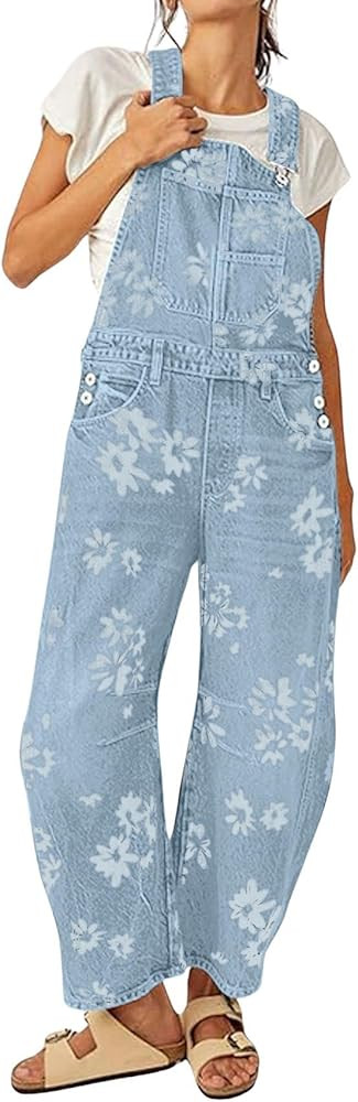 loveimgs Women Floral Print Denim Overalls Baggy Barrel Jeans Patchwork Denim Pants Y2k Straps Wi... | Amazon (US)